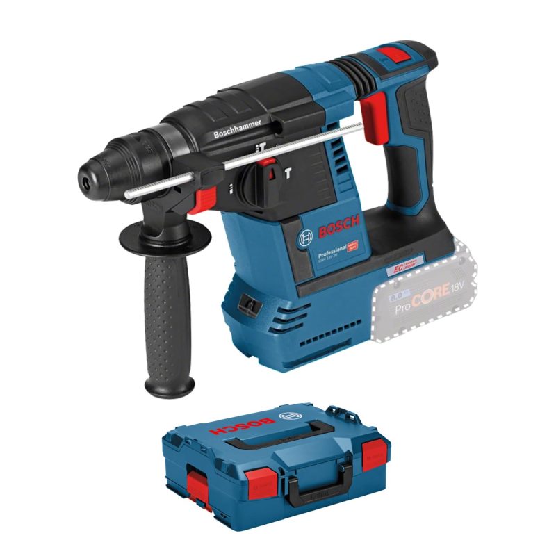 Bosch Professional 18V System Cordless Rotary Hammer Drill GBH 18V-26 (SDS-plus, max drilling Ø concrete/steel/wood 26/13/30mm, incl. auxiliary handle, 210mm depth stop, cloth, L-BOXX, body only)